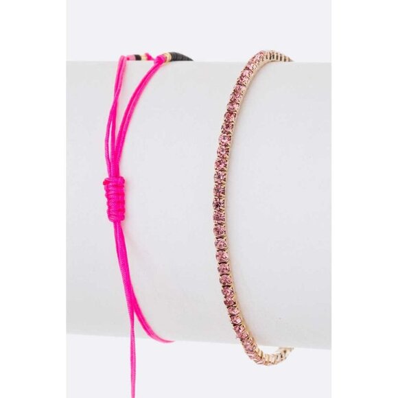 DIONA J SEED BEADS STRING RHINESTONE BRACELET SET COLOR GOLD/PINK - Picture 2 of 2